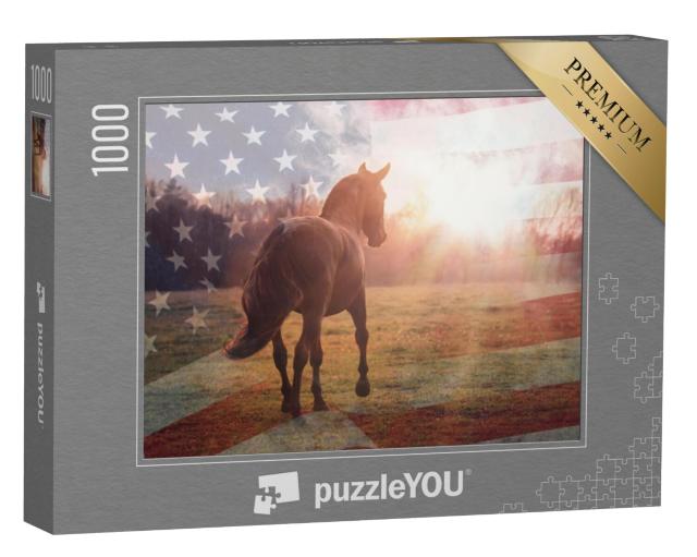 Puzzel 1000 stukjes „Portret van een Amerikaans quarter horse met de vlag van de VS“