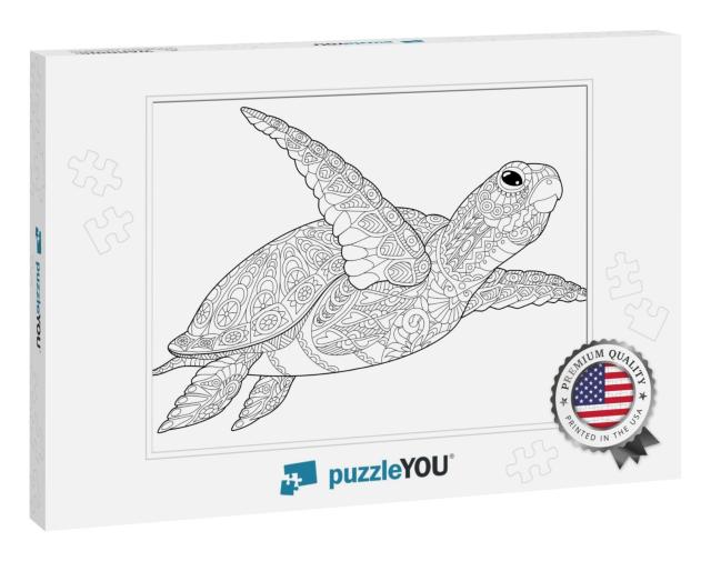 Stylized Underwater Turtle Tortoise, Isolated on White Ba... Jigsaw Puzzle
