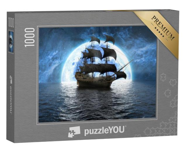 Puzzel 1000 stukjes „Illustratie: Zeilschip op volle zee voor een enorme volle maan“