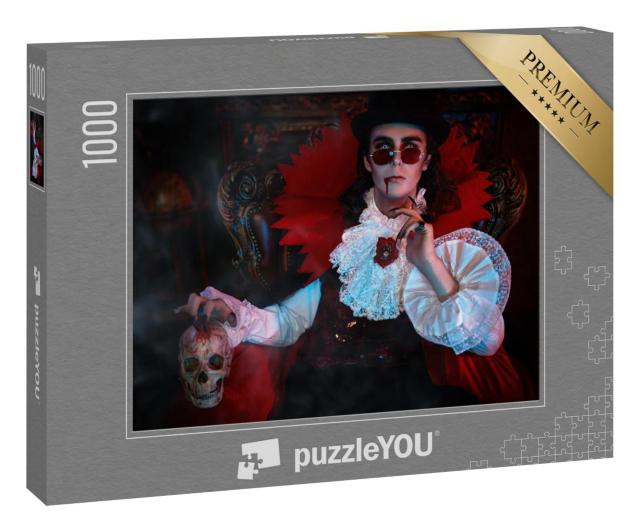 Puzzle 1000 Teile „Blutrünstiger Vampir, der mit einem Totenkopf in der Nacht auf seinem Thron sitzt“