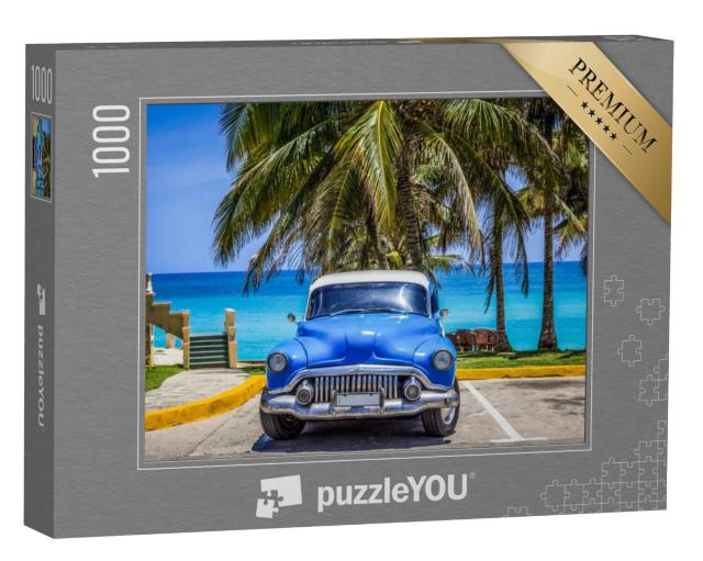 Puzzel 1000 stukjes „Klassieke auto: Buick geparkeerd onder palmbomen op het strand, Varadero, Cuba“