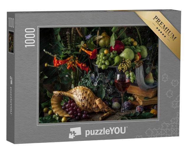 Puzzel 1000 stukjes „Stilleven met fruit en een glas rode wijn“