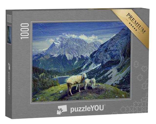 Puzzel 1000 stukjes „in de kunststijl van van Gogh, Sternennacht - Seebensee en Coburger Hütte“