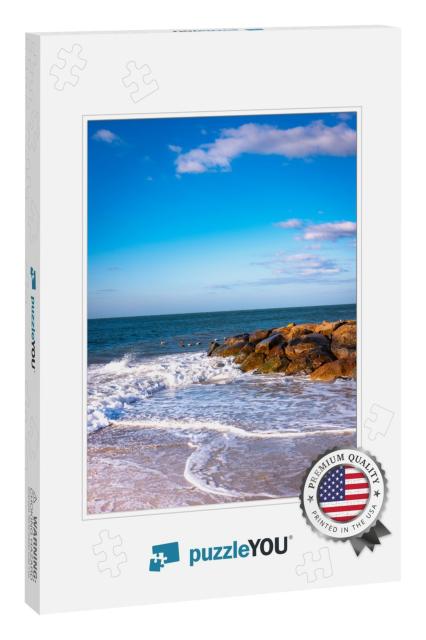Beach Seascape with the Views of the Jetty & Curving Whit... Jigsaw Puzzle