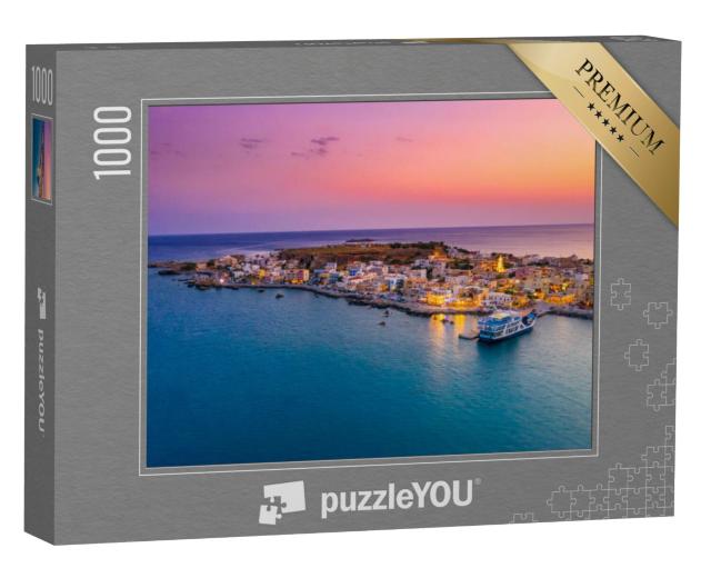 Puzzel 1000 stukjes „Uitzicht op het traditionele dorp Paleochora bij zonsondergang, Chania, Kreta“