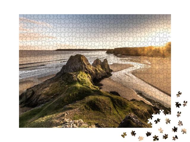 Puzzle 1000 Teile „Panoramablick auf den Sonnenuntergang bei Three Cliffs auf der Gower Peninsula, Südwales, Großbritannien“