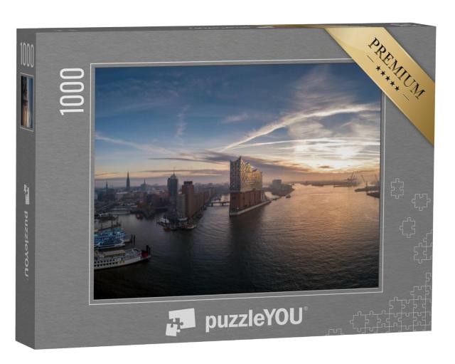 Puzzel 1000 stukjes „De haven van Hamburg met een prachtige zonsopgang“