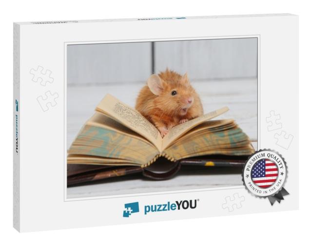 Mouse. Cute Pet Mouse Reads. Talented Animal with Book. B... Jigsaw Puzzle
