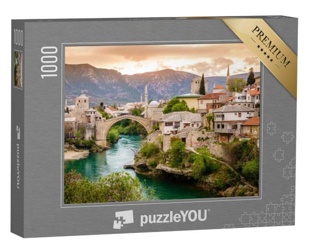 Puzzel 1000 stukjes „Indrukwekkende stad Mostar aan de rivier de Neretva, Bosnië“