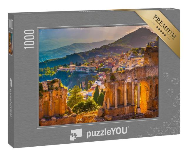 Puzzle 1000 Teile „Ruinen von Taormina: Theater bei Sonnenuntergang, Sizilien, Italien“