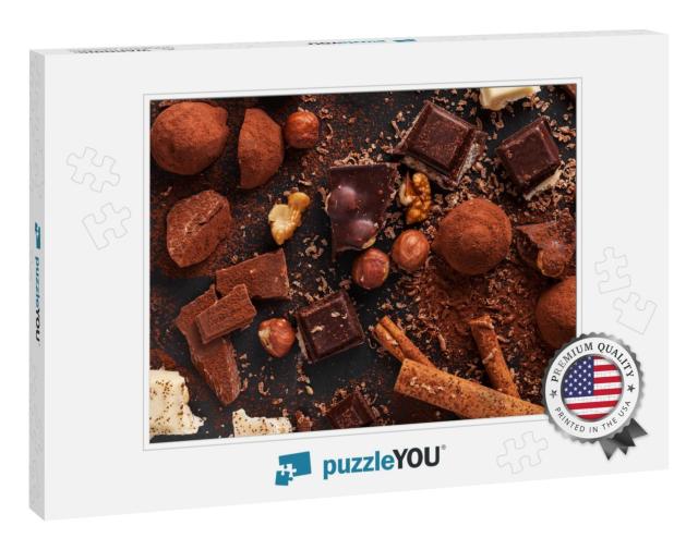 Variety of Sweet Homemade Chocolate Pralines on Wooden Ba... Jigsaw Puzzle